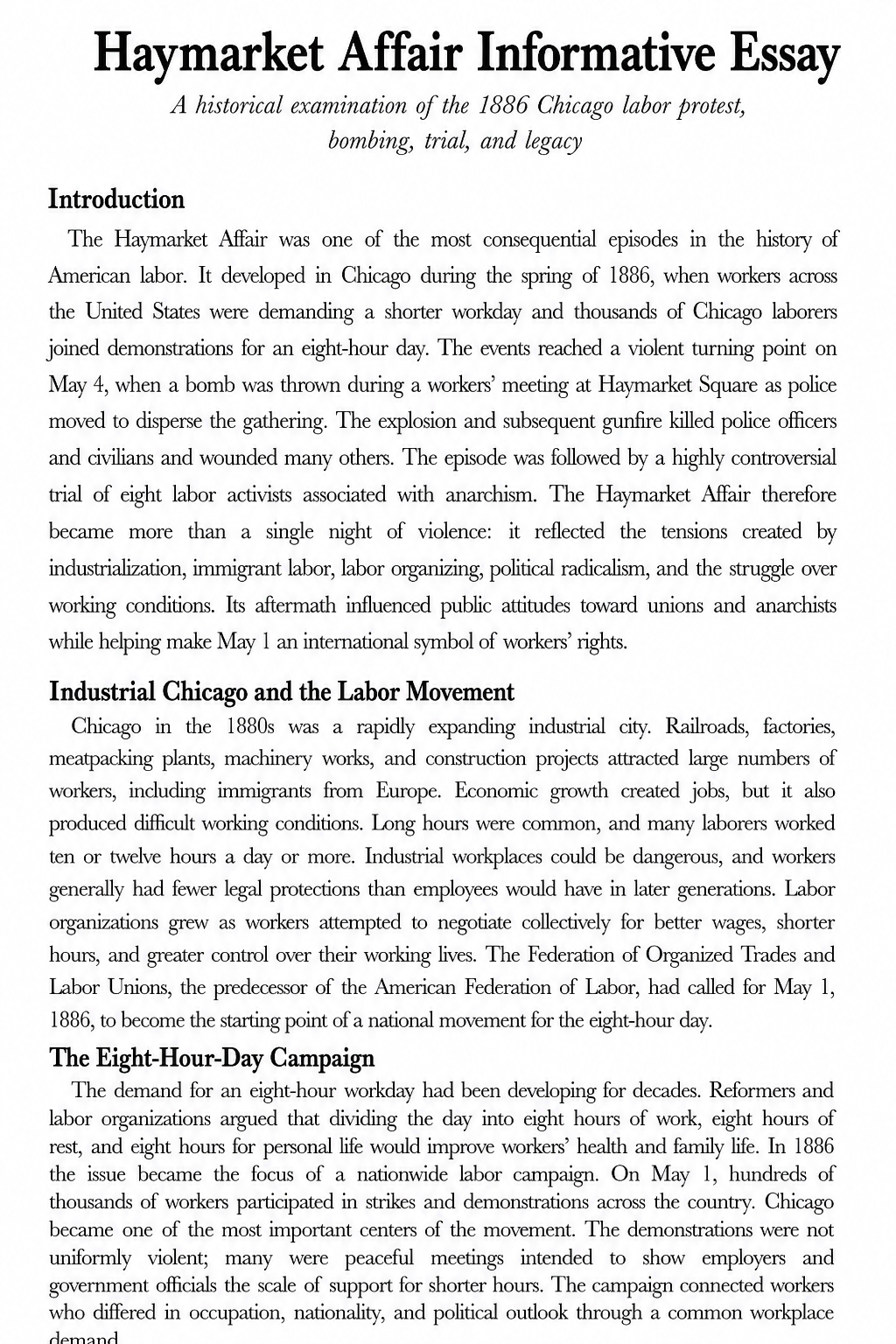 Haymarket Affair Informative Essay - Free AI Informative Essay Generator, 50+ Real Informative Essay Examples