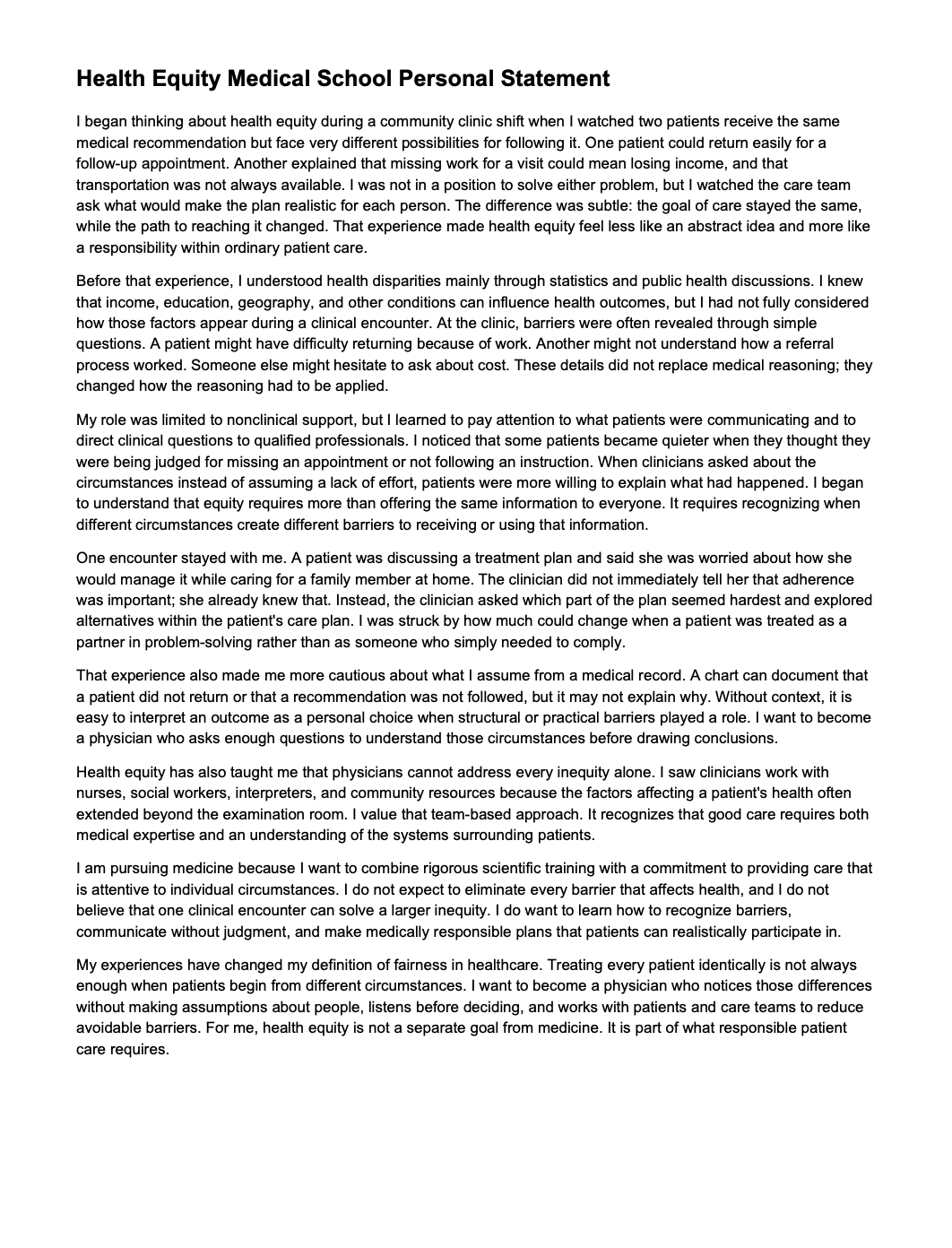 Health Equity Medical School Personal Statement - Free AI Medical School Personal Statement Generator, 50+ Real Medical School Personal Statement Examples
