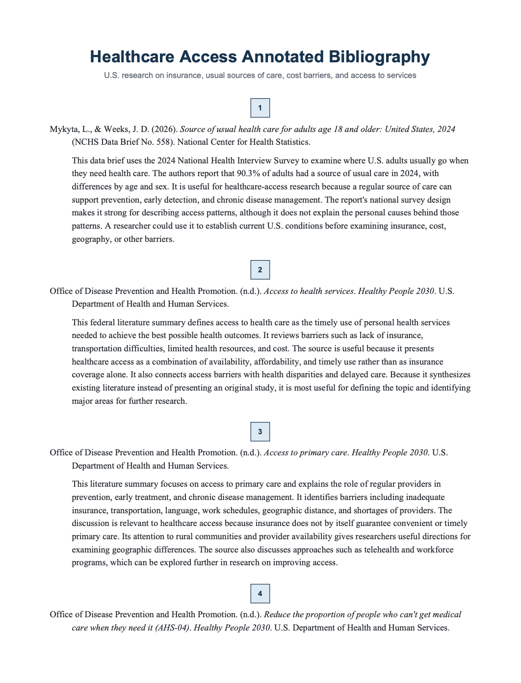 Healthcare Access Annotated Bibliography - Free AI Annotated Bibliography Generator, 50+ Real Annotated Bibliography Examples