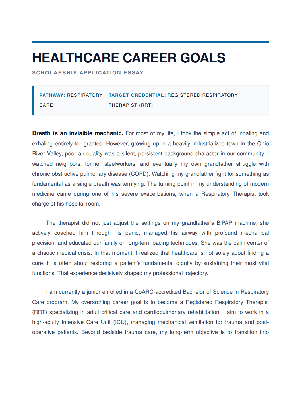 Healthcare Career Goals Scholarship Essay - Free AI Scholarship Essay Generator, 50+ Real Scholarship Essay Examples