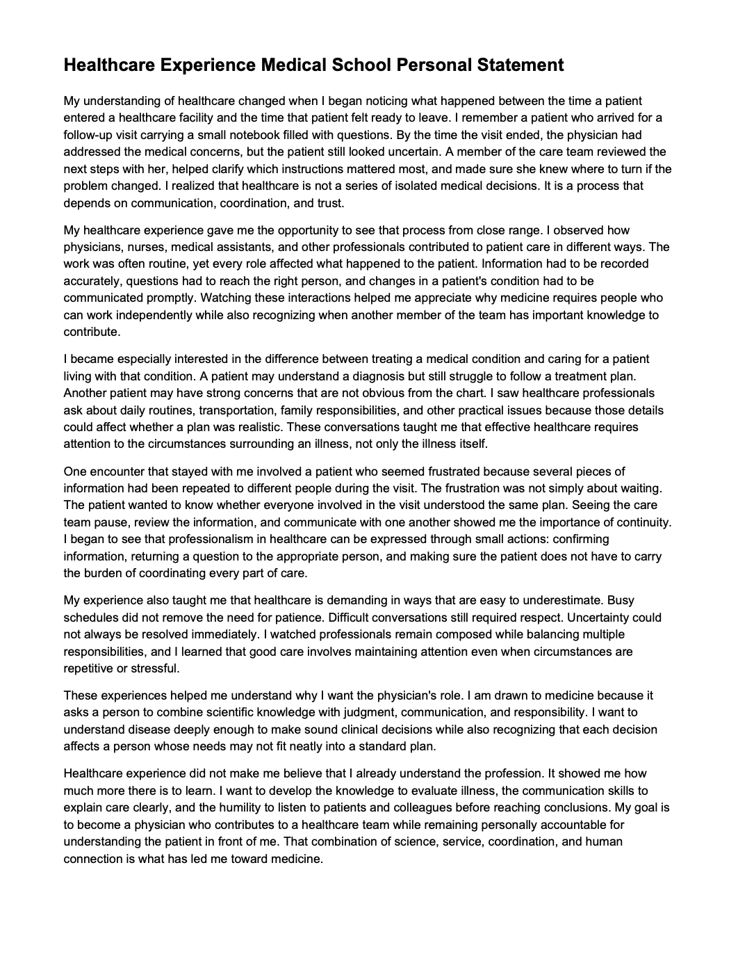 Healthcare Experience Medical School Personal Statement - Free AI Medical School Personal Statement Generator, 50+ Real Medical School Personal Statement Examples