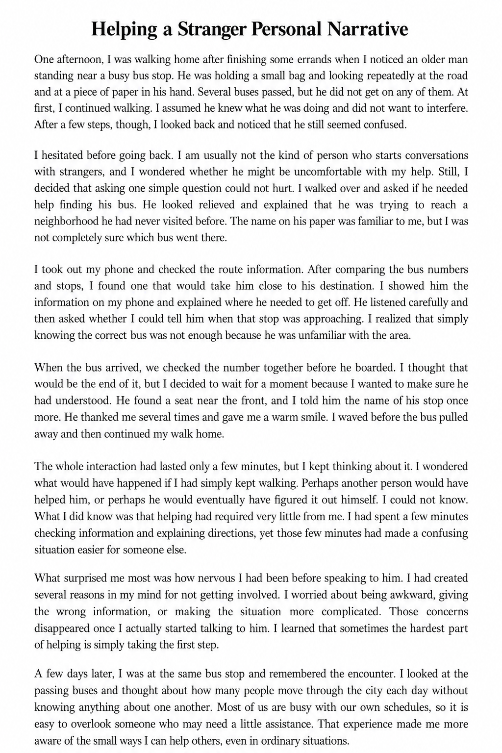 Helping a Stranger Personal Narrative - Free AI Personal Narrative Generator, 50+ Real Personal Narrative Examples