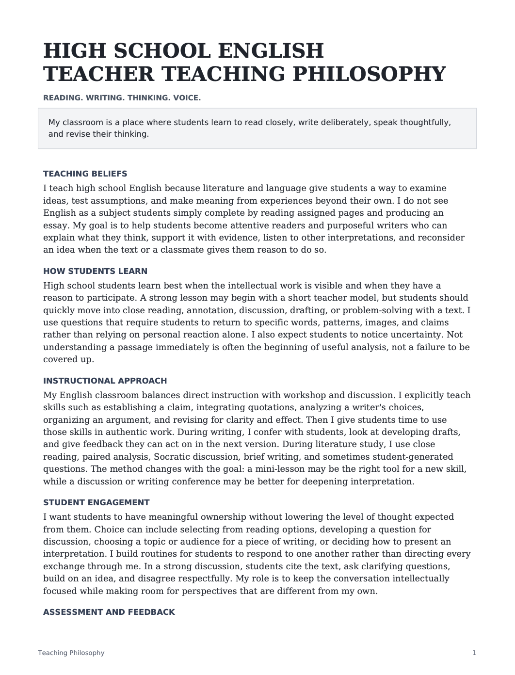 High School English Teacher Teaching Philosophy - AI Teaching Philosophy Generator, 50+ Real Teaching Philosophy Examples