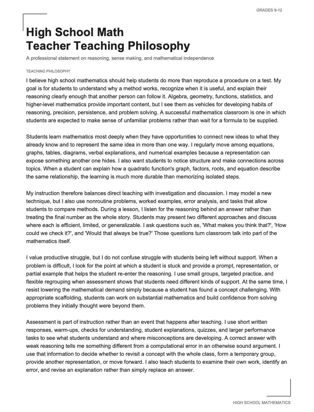 High School Math Teacher Teaching Philosophy - AI Teaching Philosophy Generator, 50+ Real Teaching Philosophy Examples