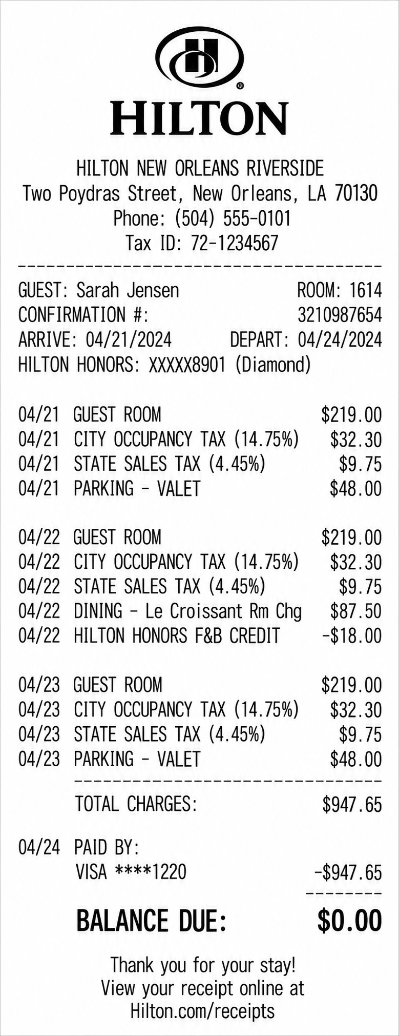 Hilton Hotel Stay Receipt / Guest Folio Receipt - Free AI Receipt Generator, 50+ Real Receipt Examples