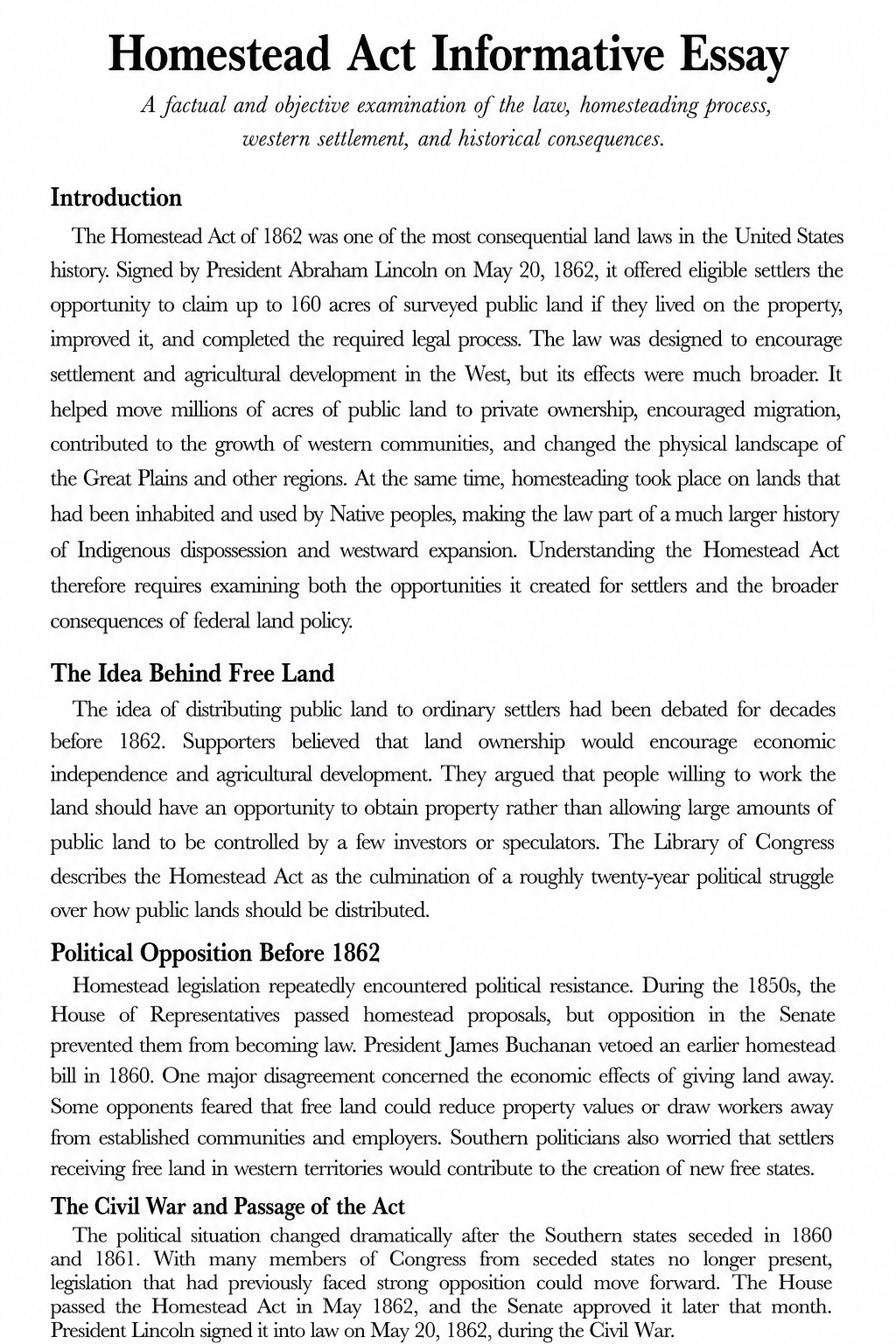 Homestead Act Informative Essay - Free AI Informative Essay Generator, 50+ Real Informative Essay Examples