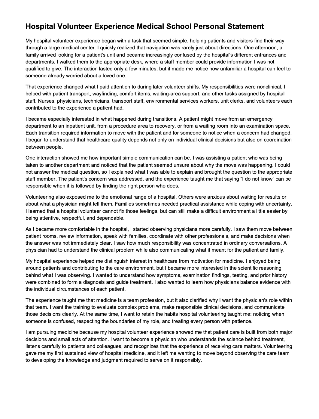 Hospital Volunteer Experience Medical School Personal Statement - Free AI Medical School Personal Statement Generator, 50+ Real Medical School Personal Statement Examples