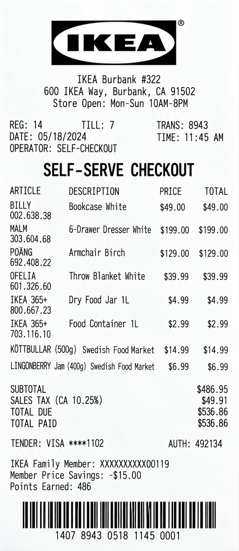 IKEA In-Store Self-Serve Checkout Receipt - Free AI Receipt Generator, 50+ Real Receipt Examples