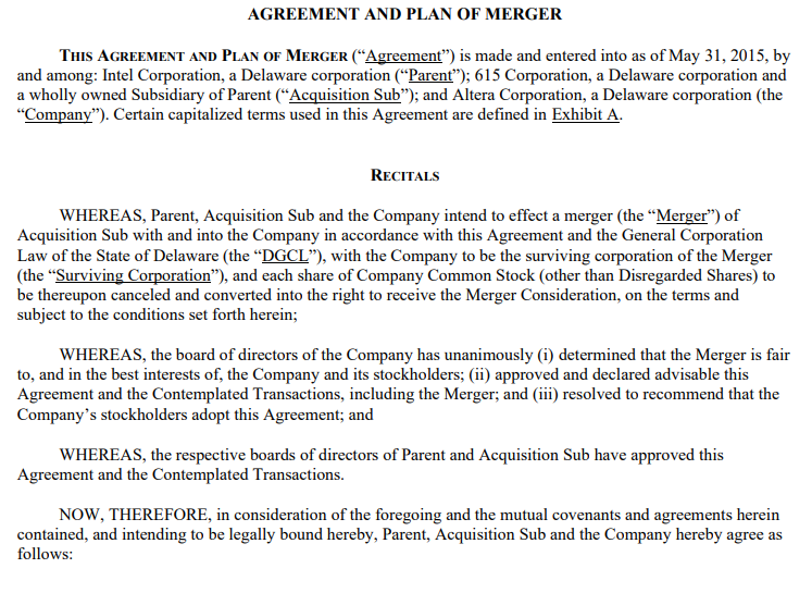 INTEL AGREEMENT AND PLAN OF MERGER - Free AI Contract Generator, 50+ Real Contract Examples