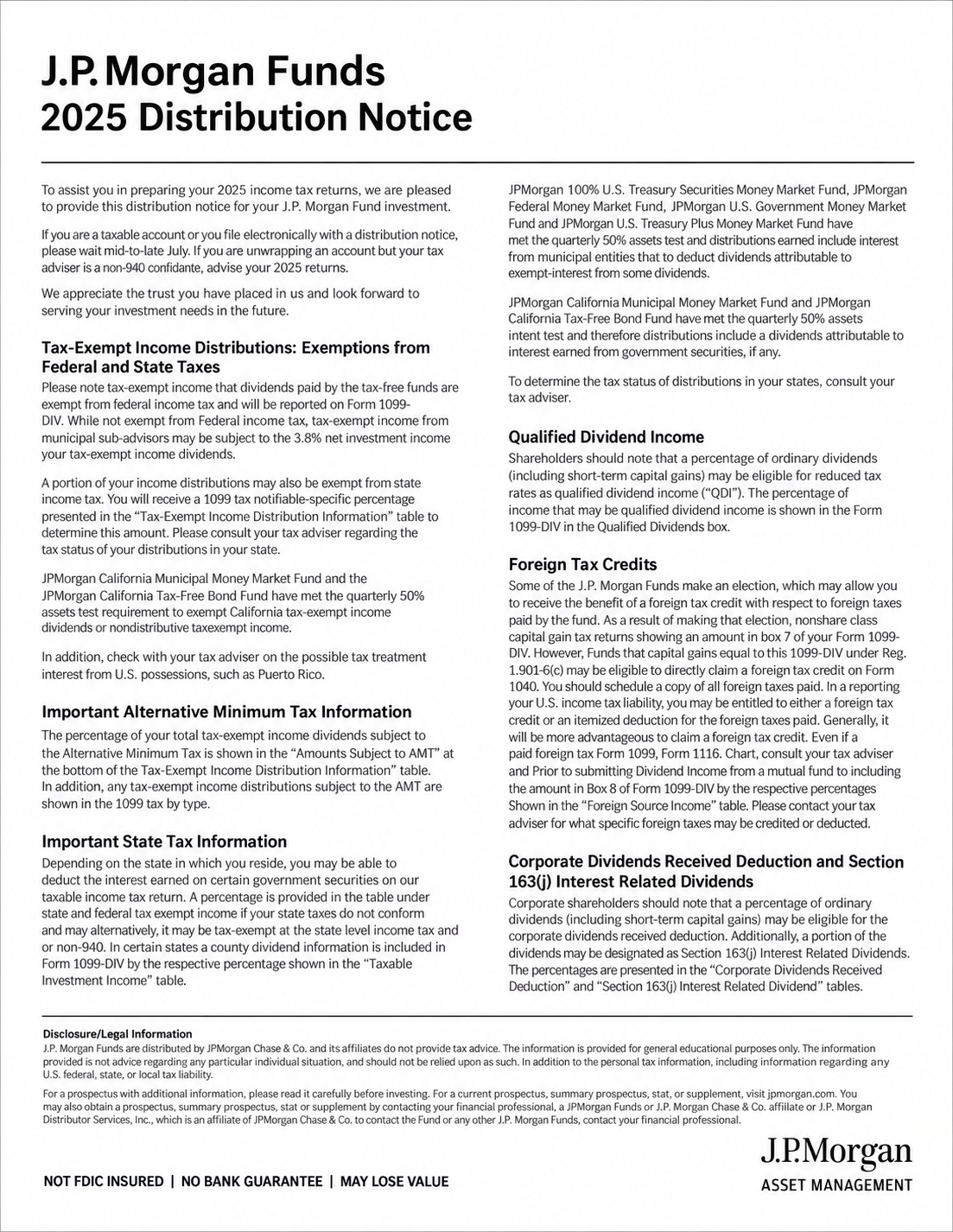 J.P. Morgan Funds Distribution Notice - Free AI Notice Generator, 50+ Real Notice Examples