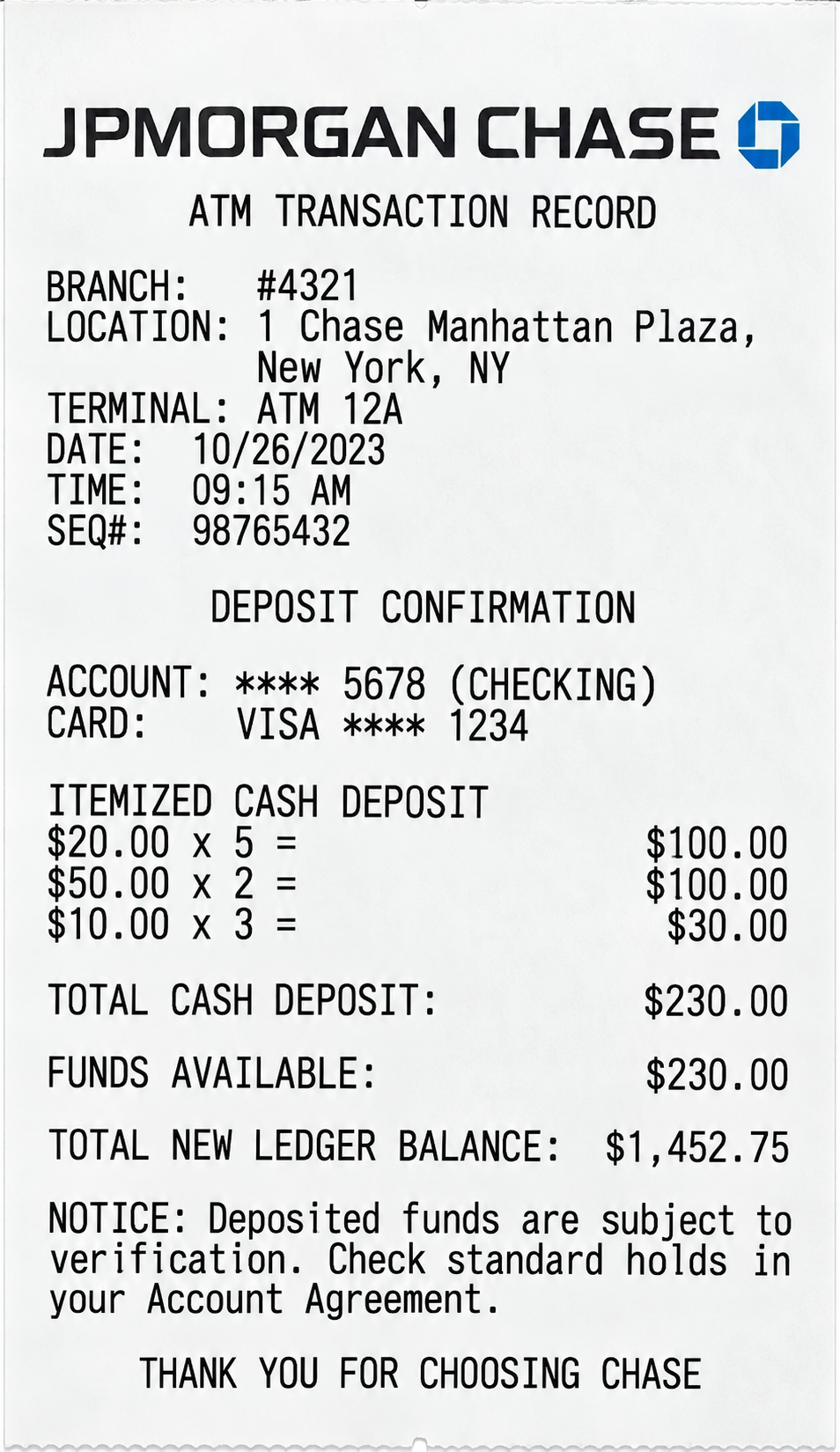 JPMorgan Chase Automated Teller Machine (ATM) Deposit Receipt - Free AI Receipt Generator, 50+ Real Receipt Examples