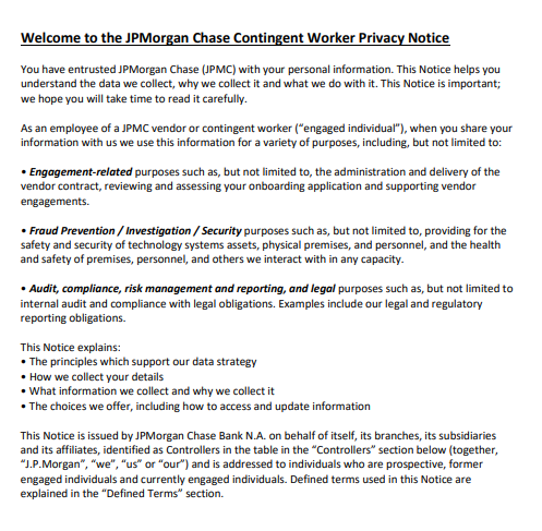 JPMorgan Chase Contingent Worker Privacy Notice - Free AI Notice Generator, 50+ Real Notice Examples
