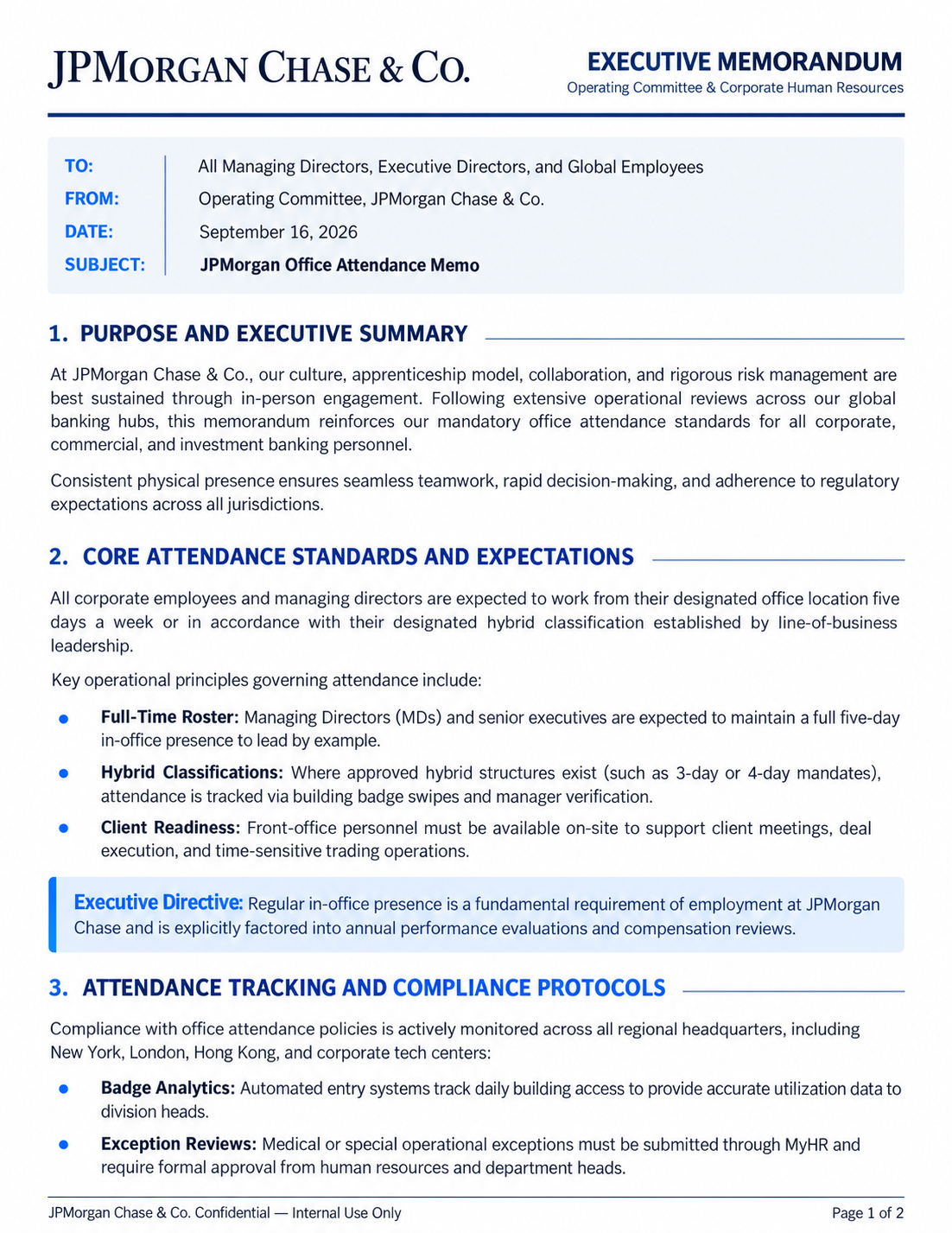 JPMorgan Office Attendance Memo - Free AI Memo Generator, 50+ Real Memo Examples