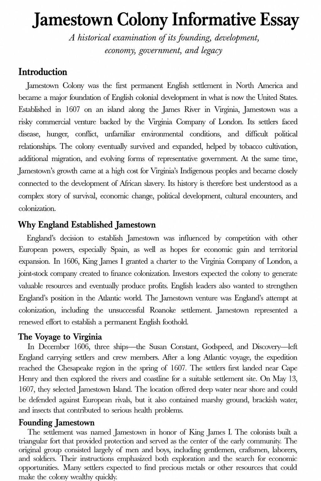 Jamestown Colony Informative Essay - Free AI Informative Essay Generator, 50+ Real Informative Essay Examples