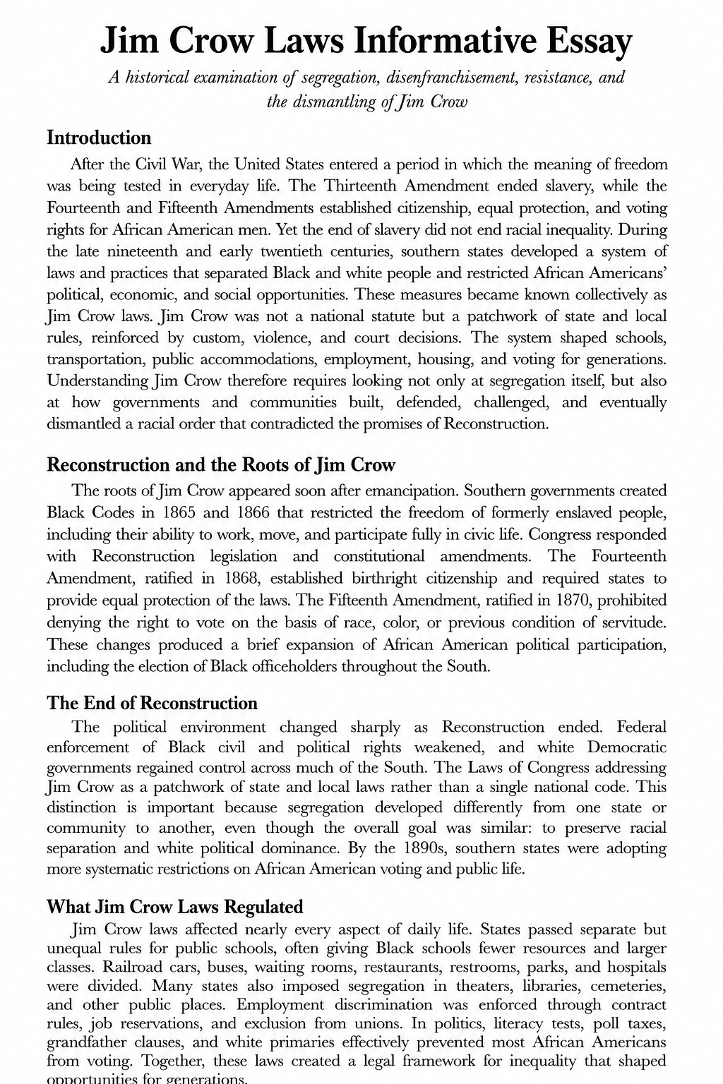 Jim Crow Laws Informative Essay - Free AI Informative Essay Generator, 50+ Real Informative Essay Examples