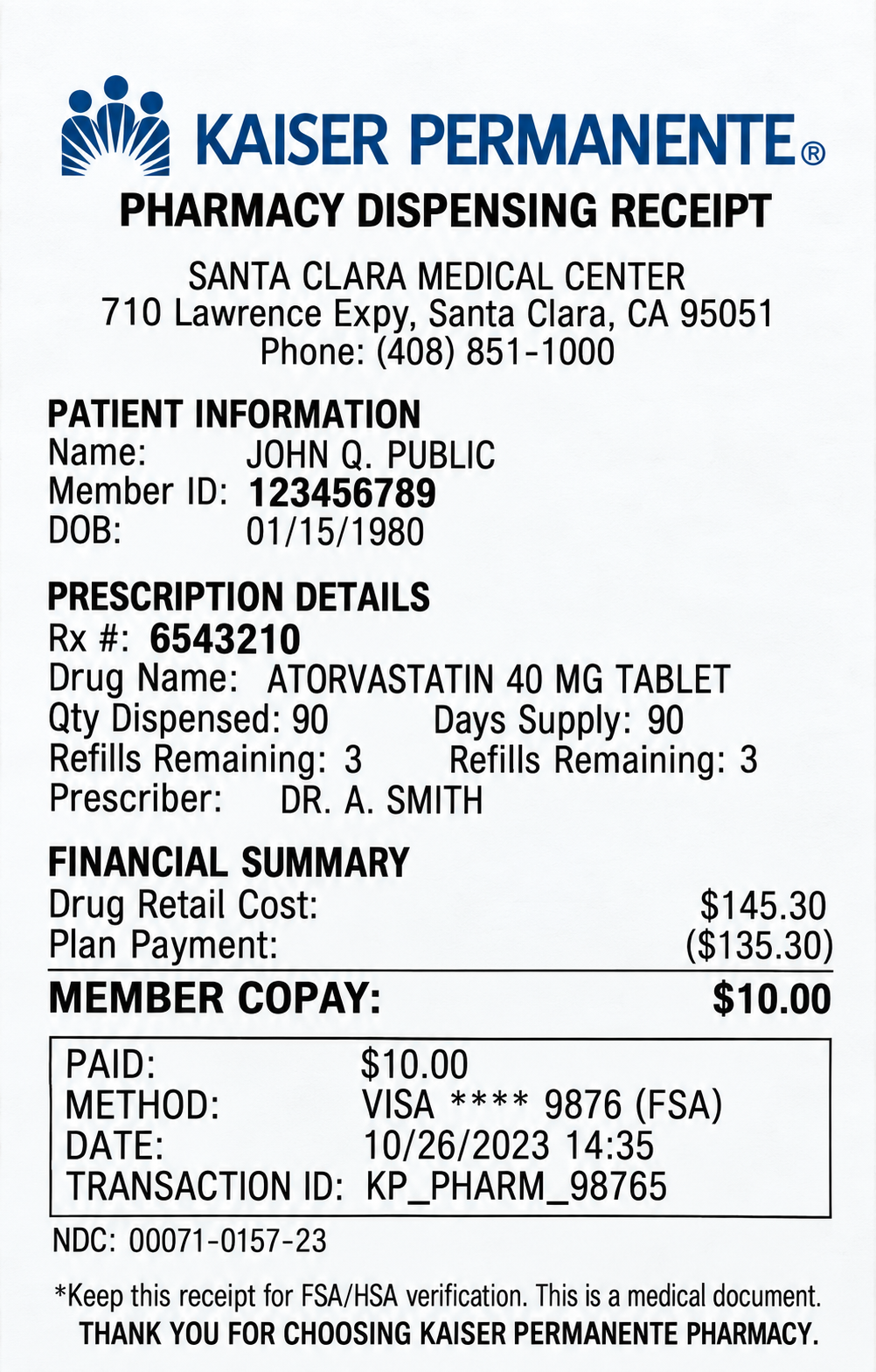 Kaiser Permanente Pharmacy Prescriptive Receipt - Free AI Receipt Generator, 50+ Real Receipt Examples