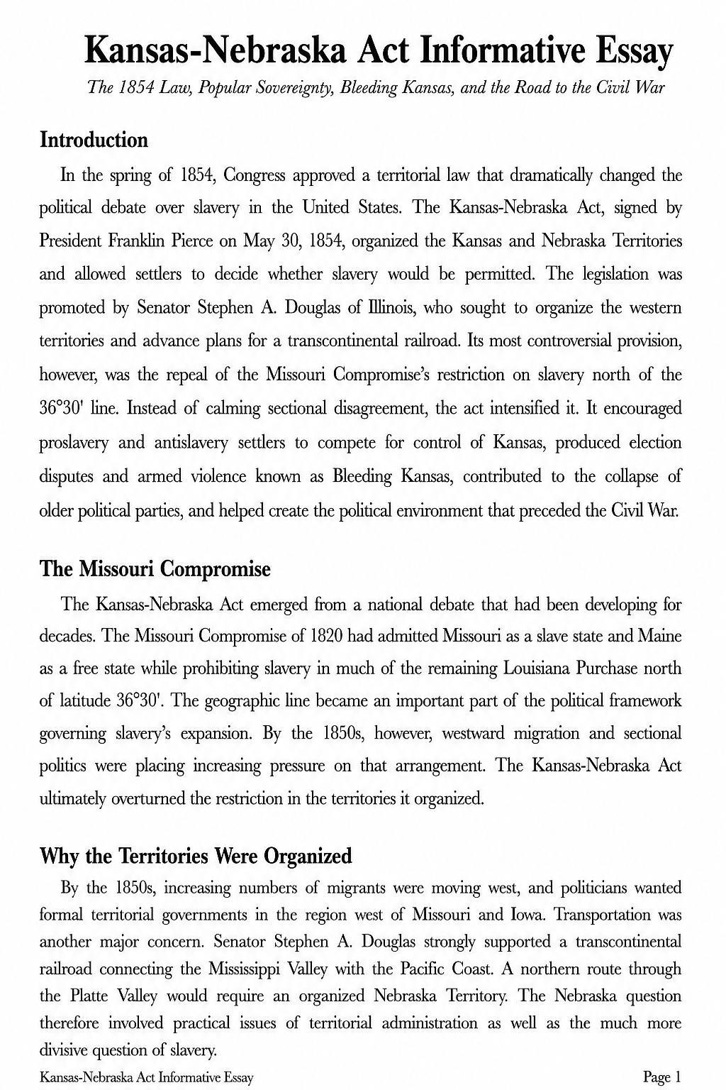 Kansas-Nebraska Act Informative Essay - Free AI Informative Essay Generator, 50+ Real Informative Essay Examples
