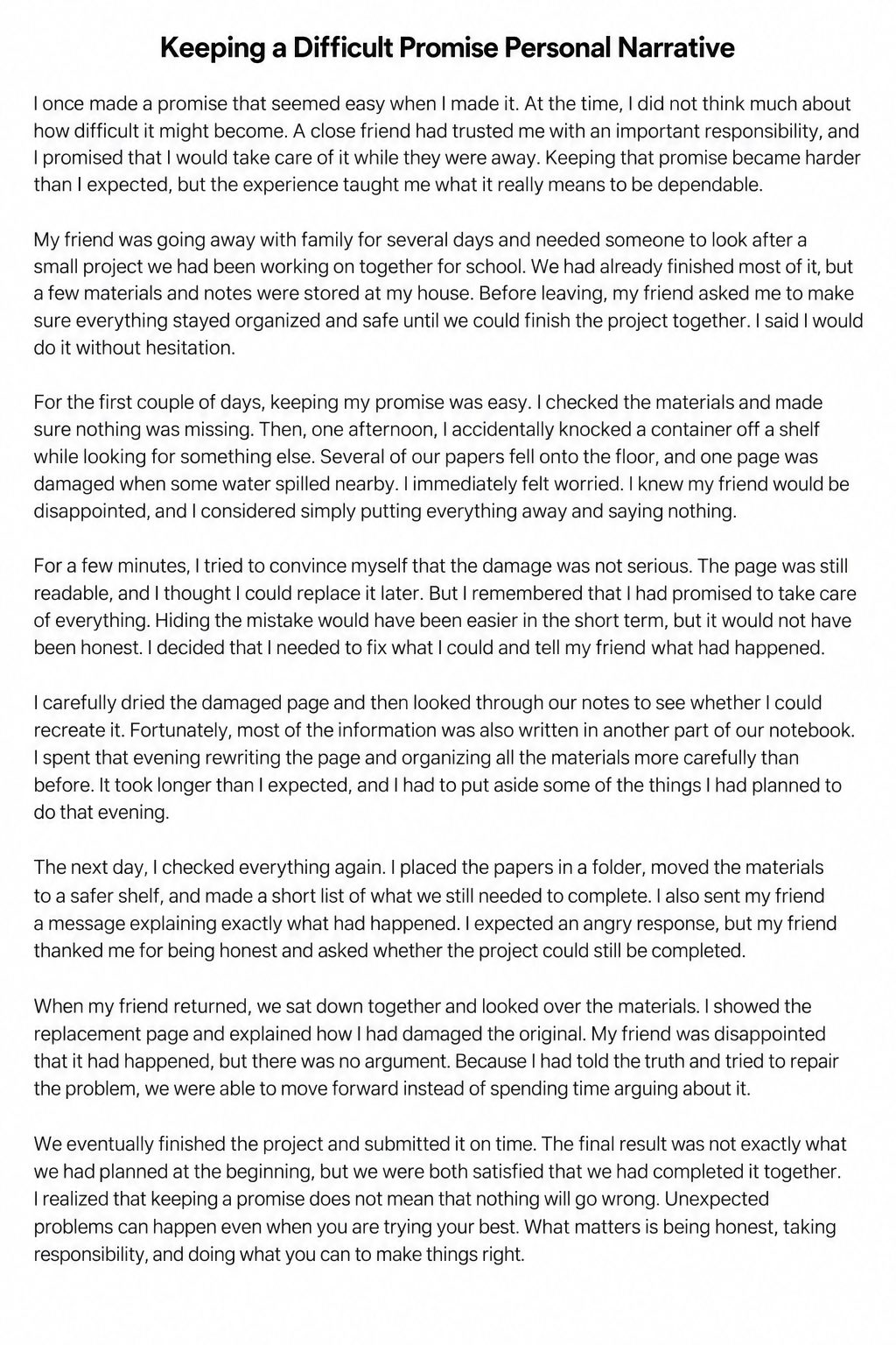Keeping a Difficult Promise Personal Narrative - Free AI Personal Narrative Generator, 50+ Real Personal Narrative Examples