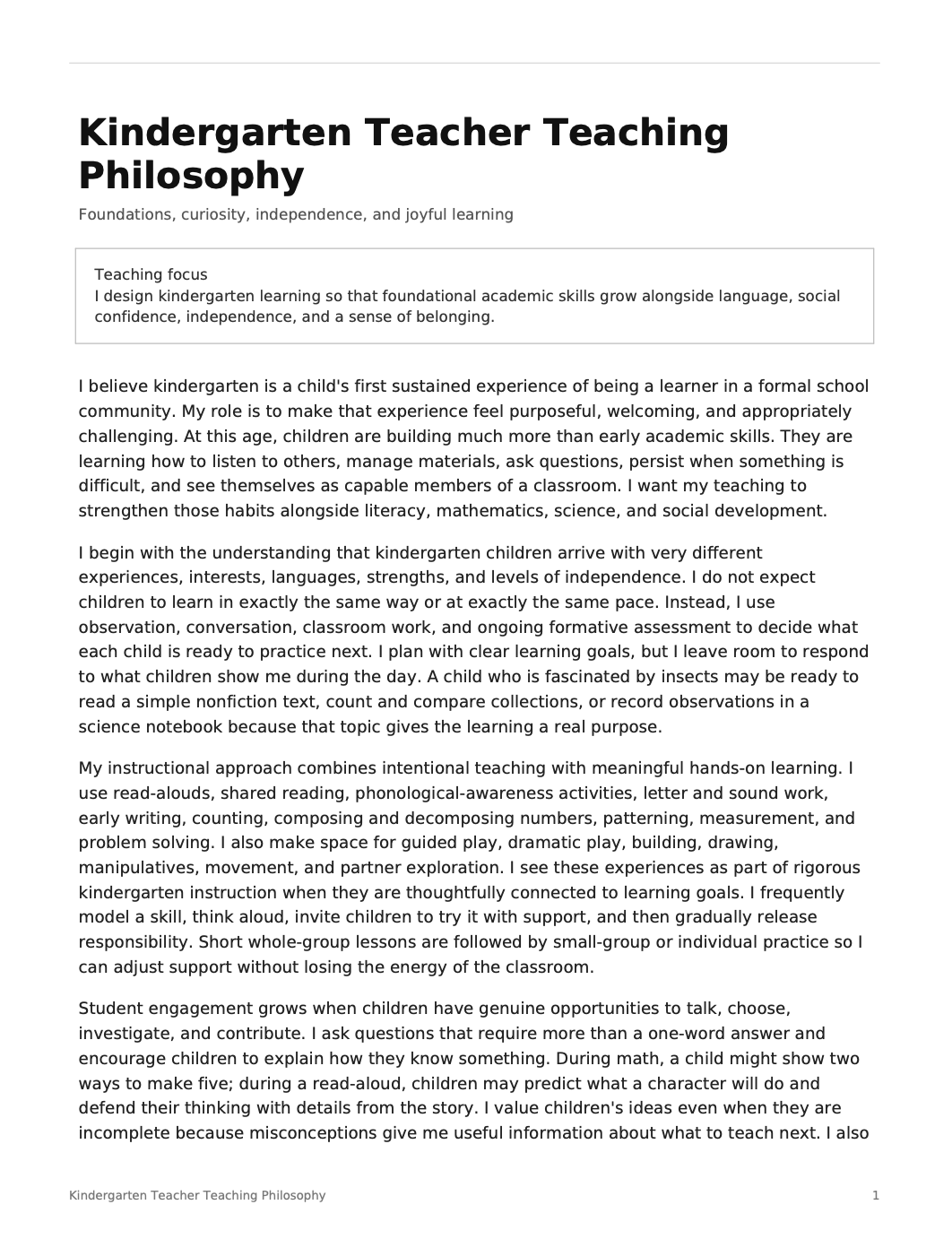 Kindergarten Teacher Teaching Philosophy - AI Teaching Philosophy Generator, 50+ Real Teaching Philosophy Examples