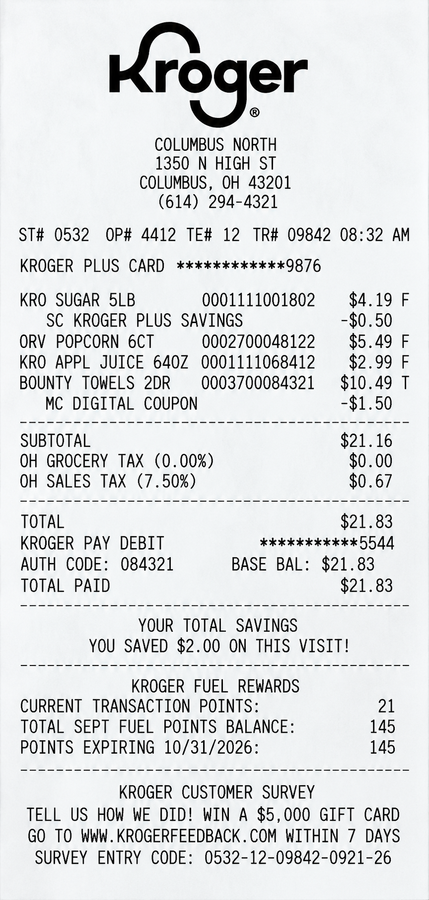 Kroger Grocery Purchase Receipt - Free AI Receipt Generator, 50+ Real Receipt Examples