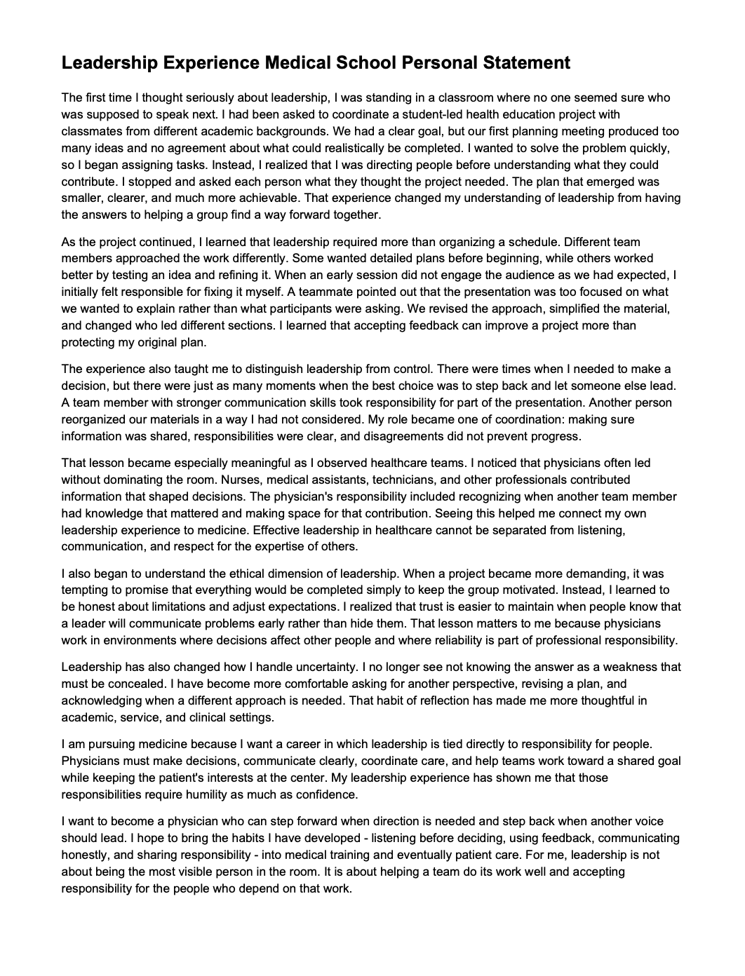 Leadership Experience Medical School Personal Statement - Free AI Medical School Personal Statement Generator, 50+ Real Medical School Personal Statement Examples