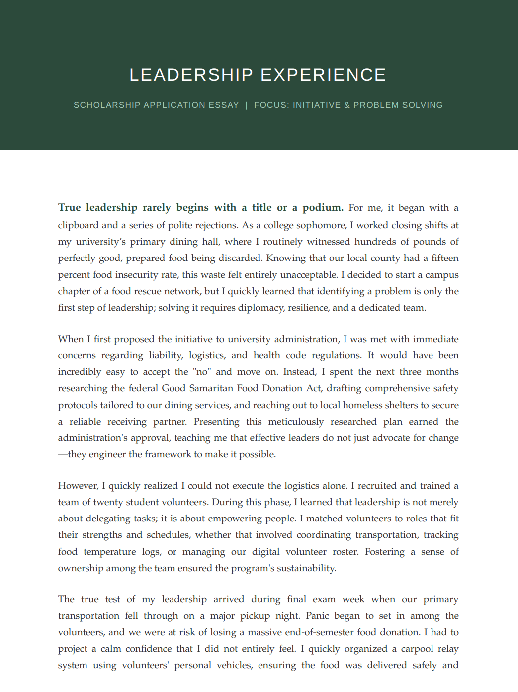 Leadership Experience Scholarship Essay - Free AI Scholarship Essay Generator, 50+ Real Scholarship Essay Examples