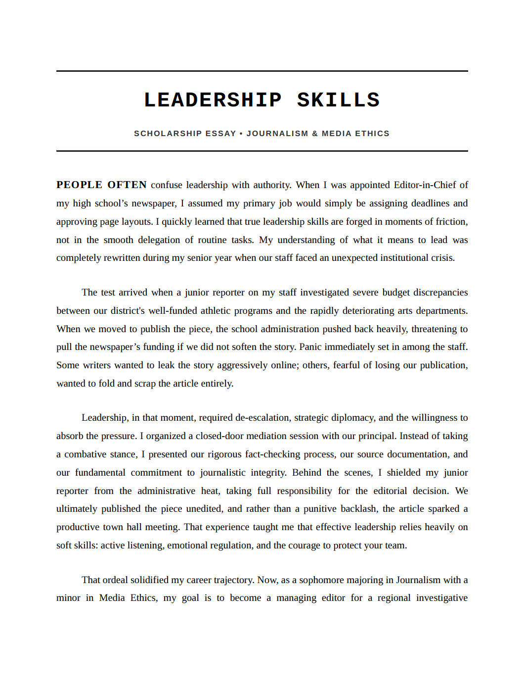 Leadership Skills Scholarship Essay - Free AI Scholarship Essay Generator, 50+ Real Scholarship Essay Examples