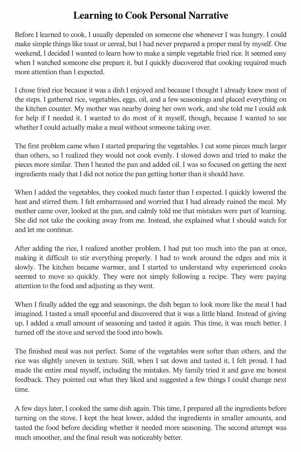 Learning to Cook Personal Narrative - Free AI Personal Narrative Generator, 50+ Real Personal Narrative Examples