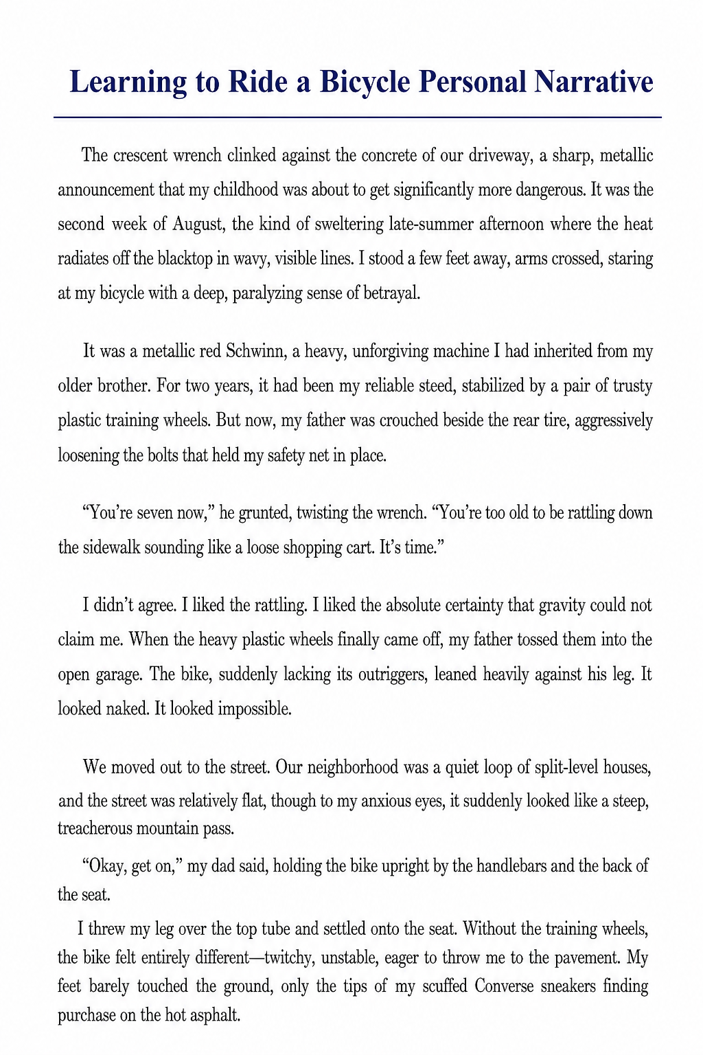 Learning to Ride a Bicycle Personal Narrative - Free AI Personal Narrative Generator, 50+ Real Personal Narrative Examples