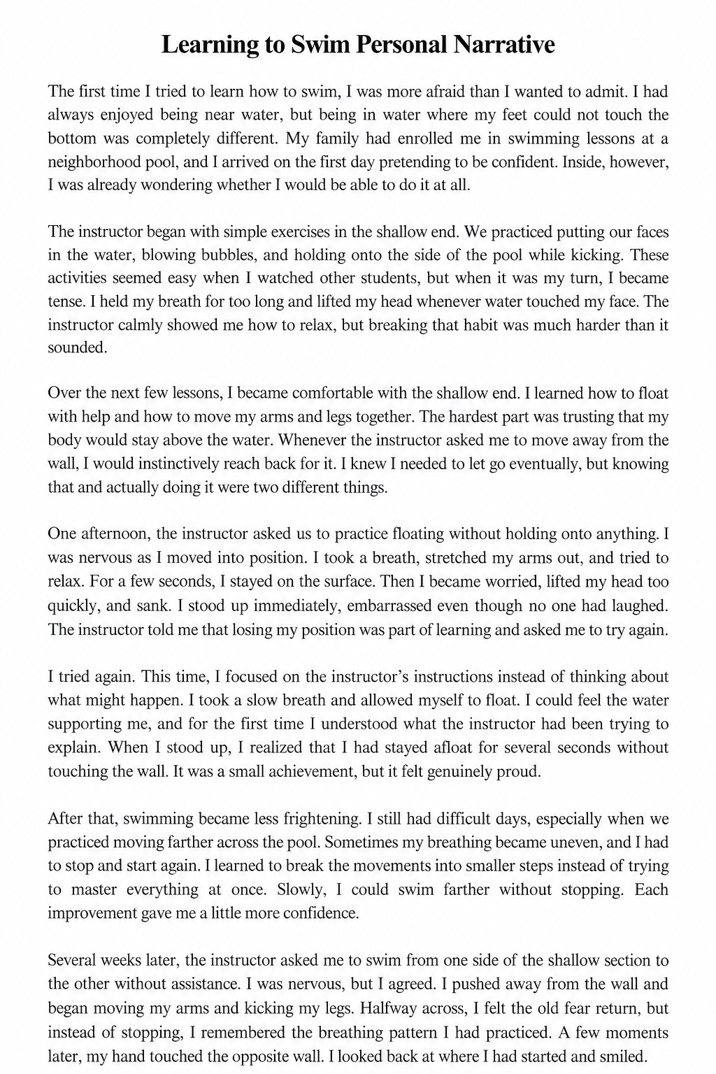 Learning to Swim Personal Narrative - Free AI Personal Narrative Generator, 50+ Real Personal Narrative Examples