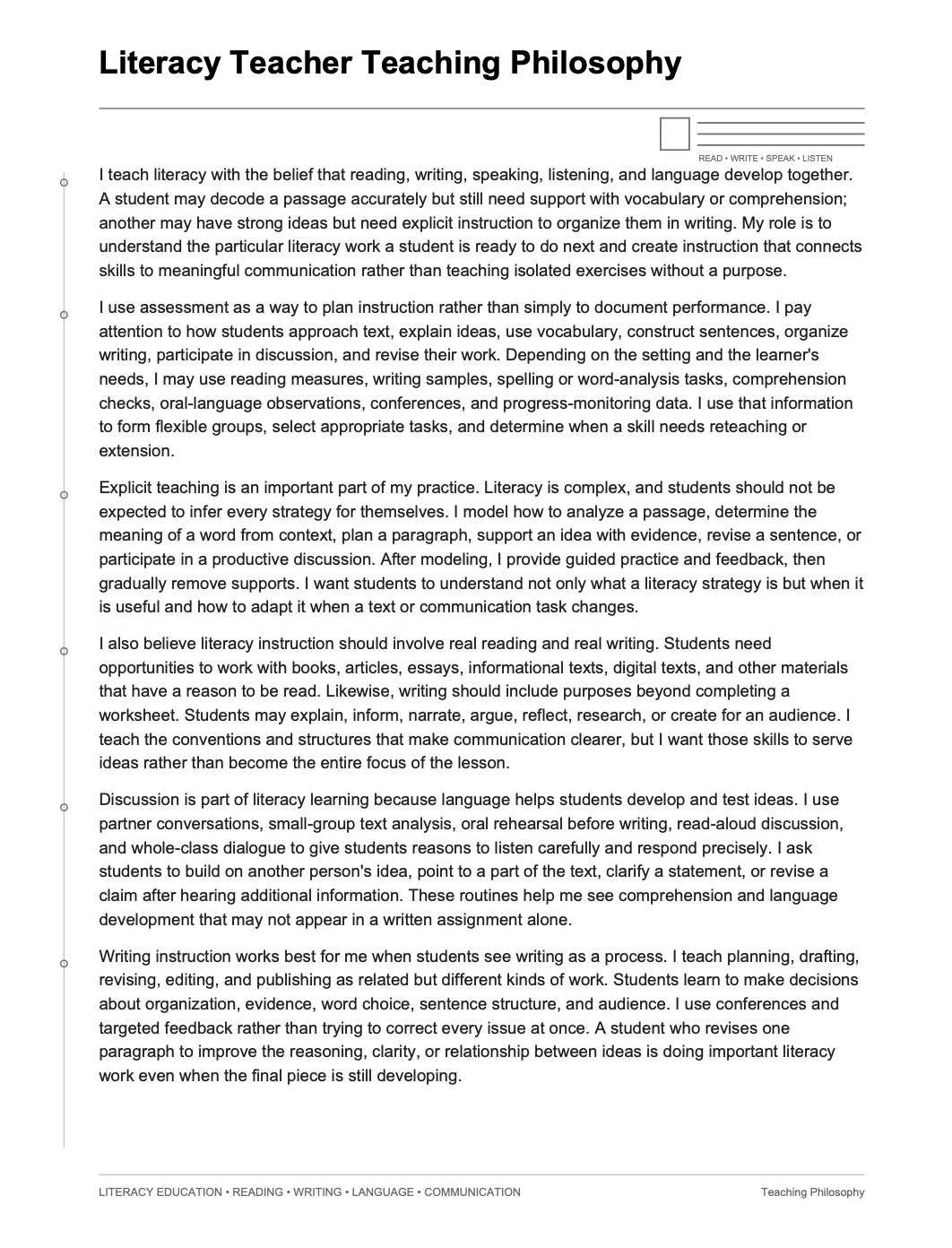 Literacy Teacher Teaching Philosophy - AI Teaching Philosophy Generator, 50+ Real Teaching Philosophy Examples