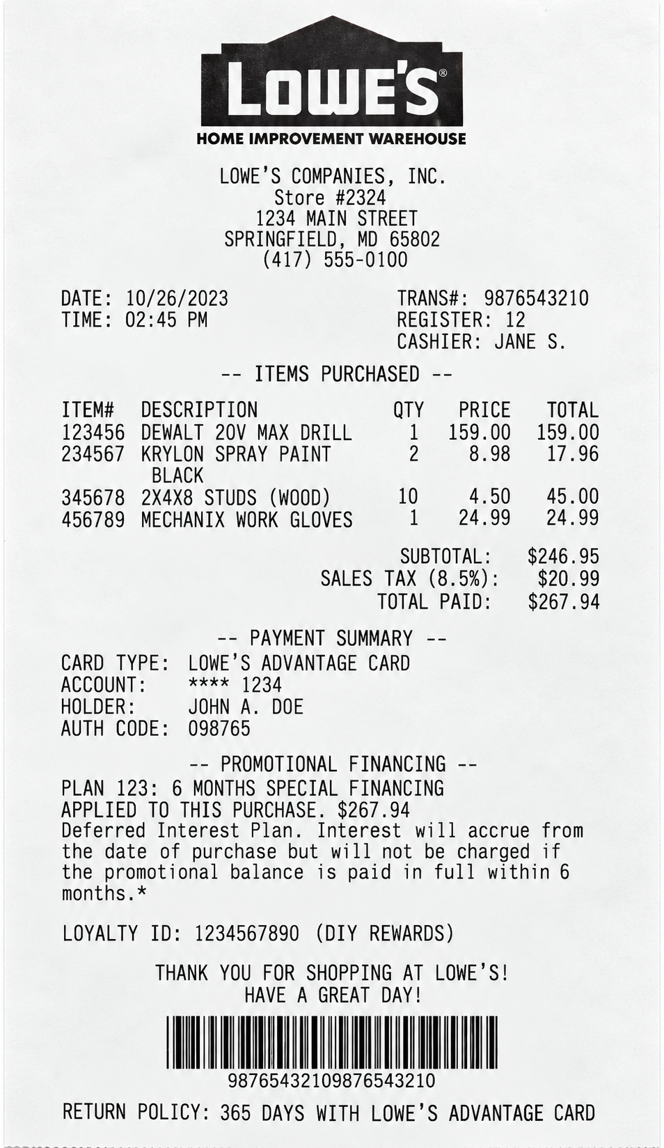 Lowe’s Consumer Credit Card Purchase Receipt - Free AI Receipt Generator, 50+ Real Receipt Examples