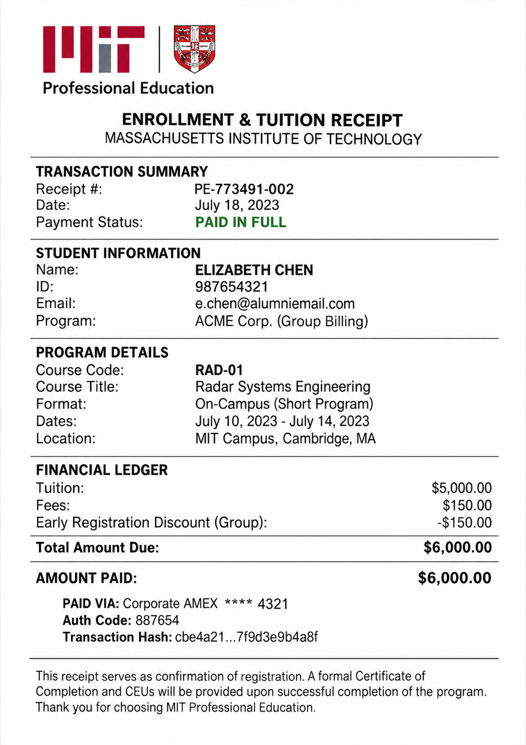 Sytax Topic Examples MIT Professional Education Enrollment Receipt – AI Generator | Examples ...