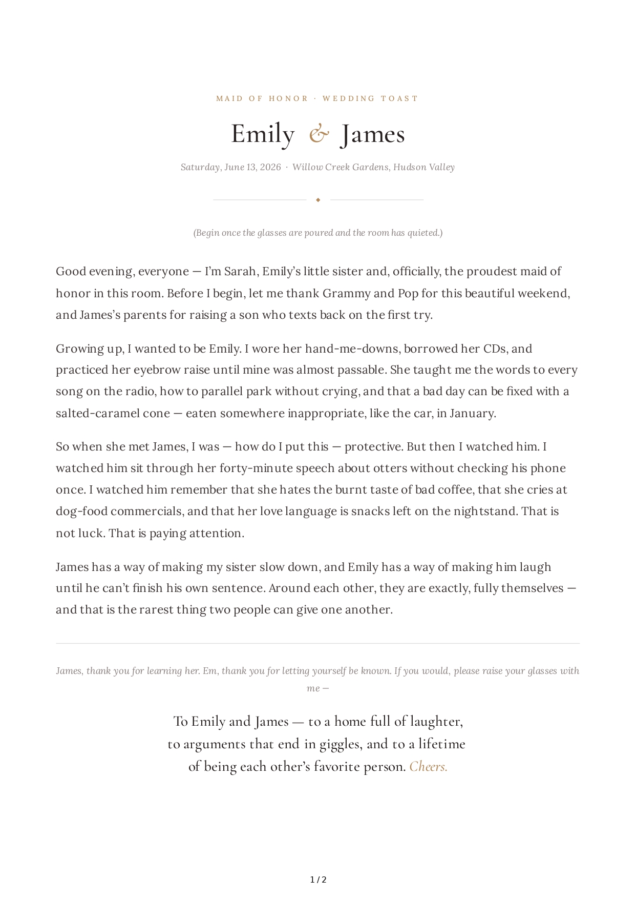 Maid of Honor Wedding Toast - Free AI Wedding Toast Generator, 50+ Real Wedding Toast Examples