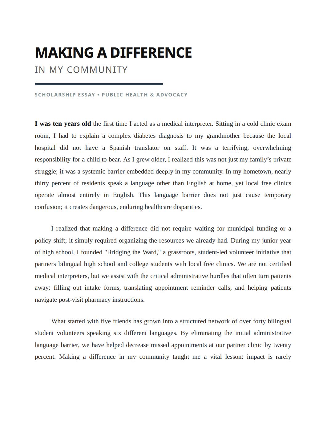 Making a Difference in My Community Scholarship Essay