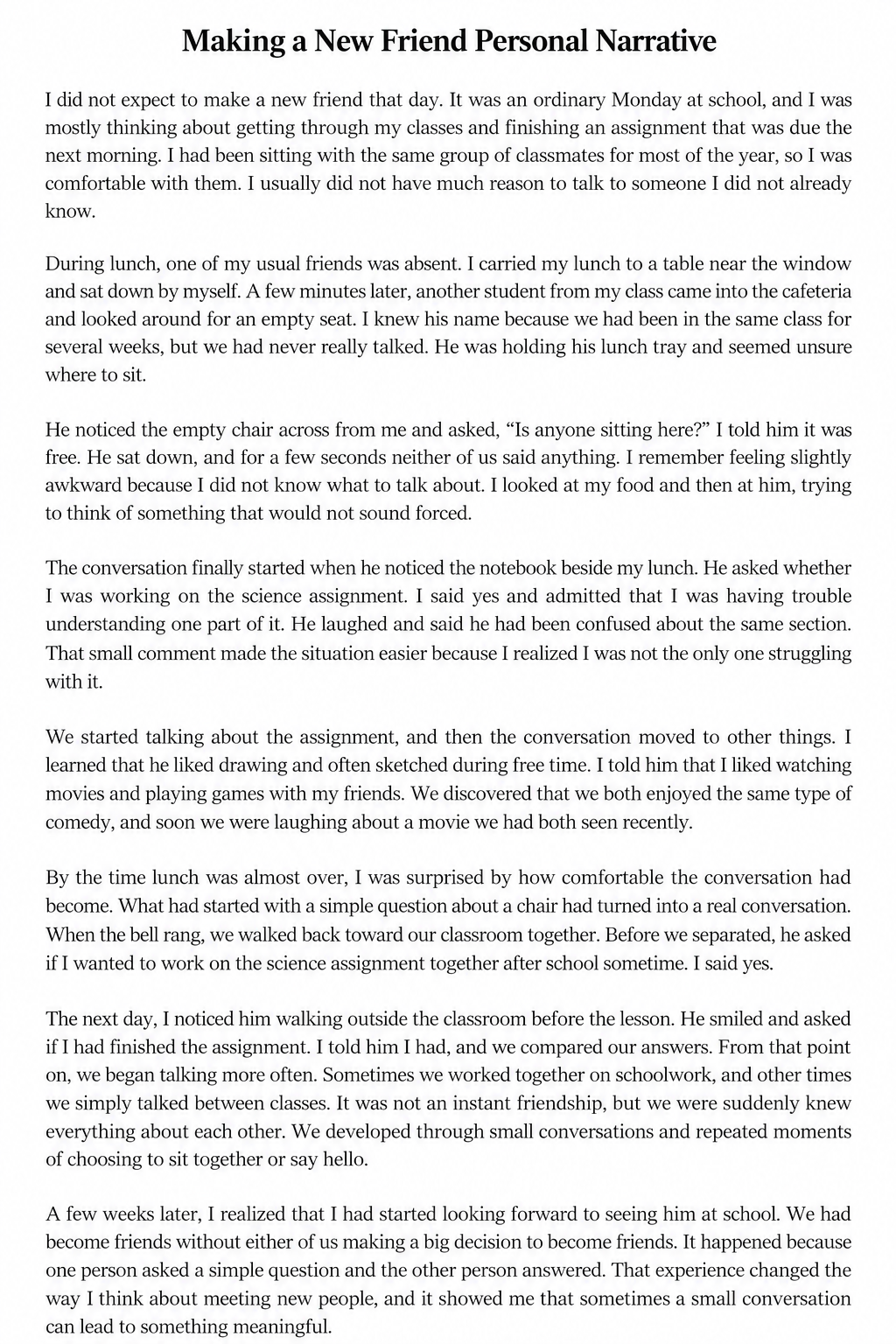 Making a New Friend Personal Narrative - Free AI Personal Narrative Generator, 50+ Real Personal Narrative Examples