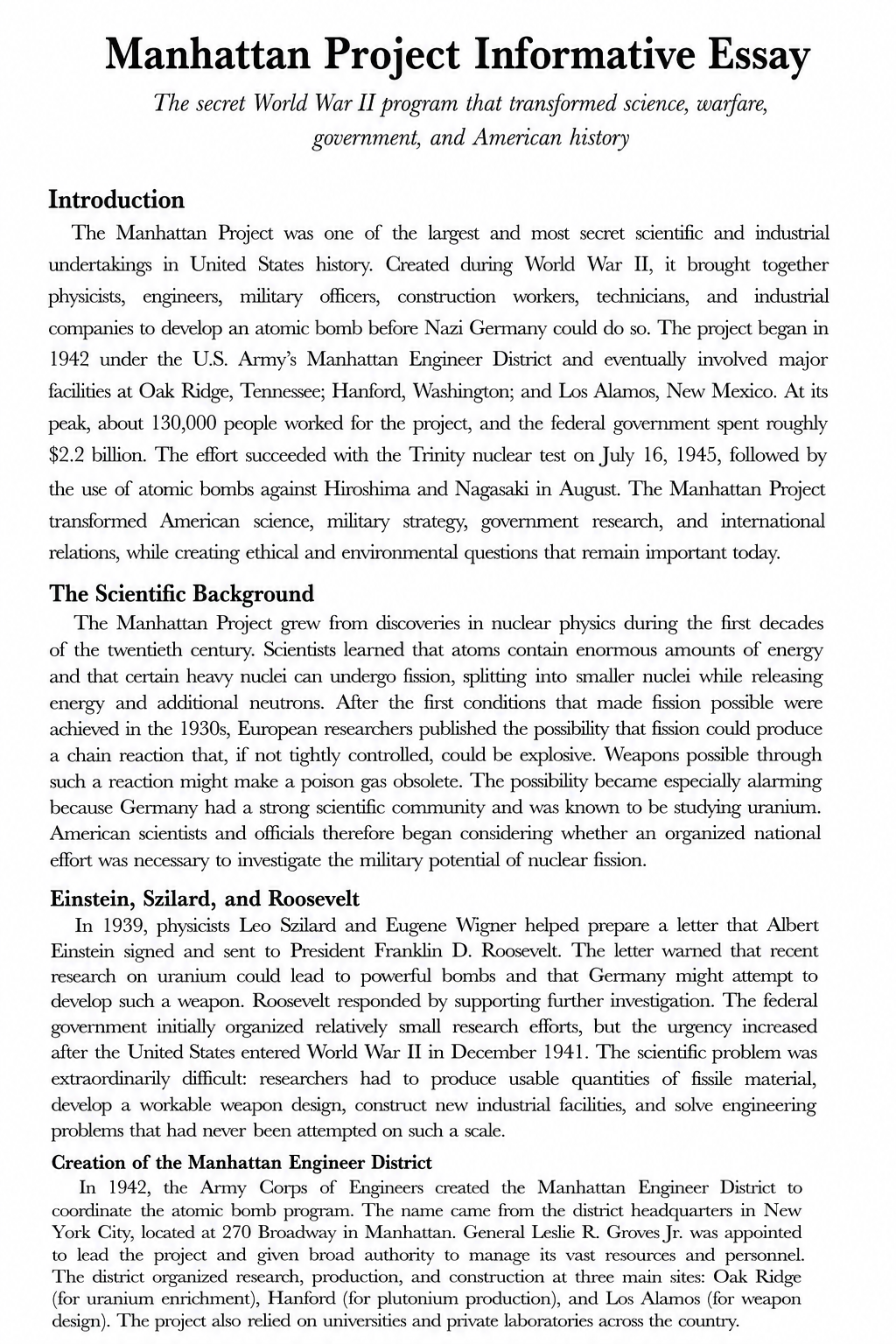 Manhattan Project Informative Essay - Free AI Informative Essay Generator, 50+ Real Informative Essay Examples