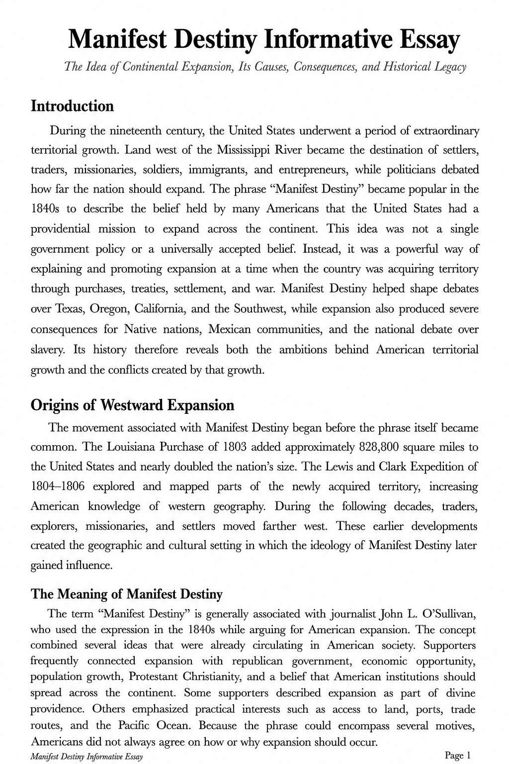 Manifest Destiny Informative Essay - Free AI Informative Essay Generator, 50+ Real Informative Essay Examples