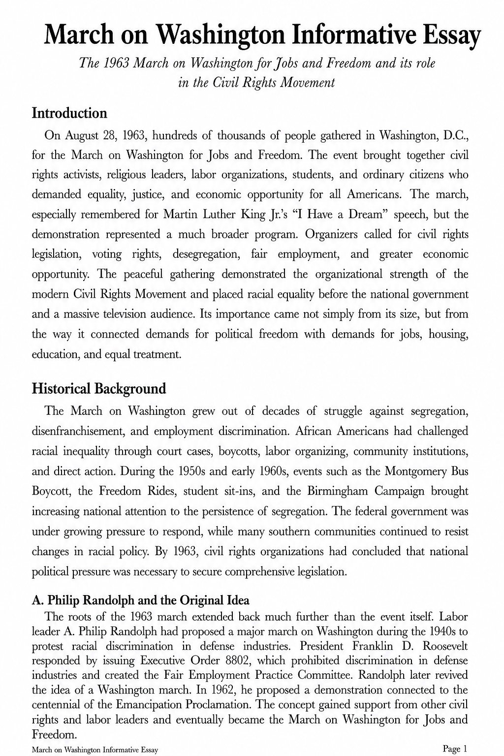 March on Washington Informative Essay - Free AI Informative Essay Generator, 50+ Real Informative Essay Examples