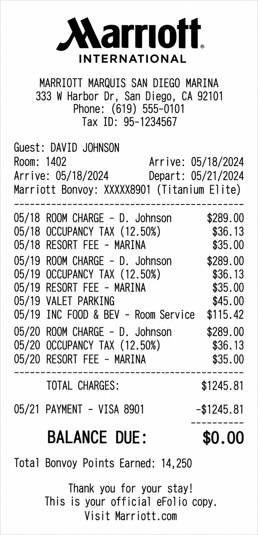 Marriott Hotel Guest Folio / Final Hotel Bill Receipt - Free AI Receipt Generator, 50+ Real Receipt Examples