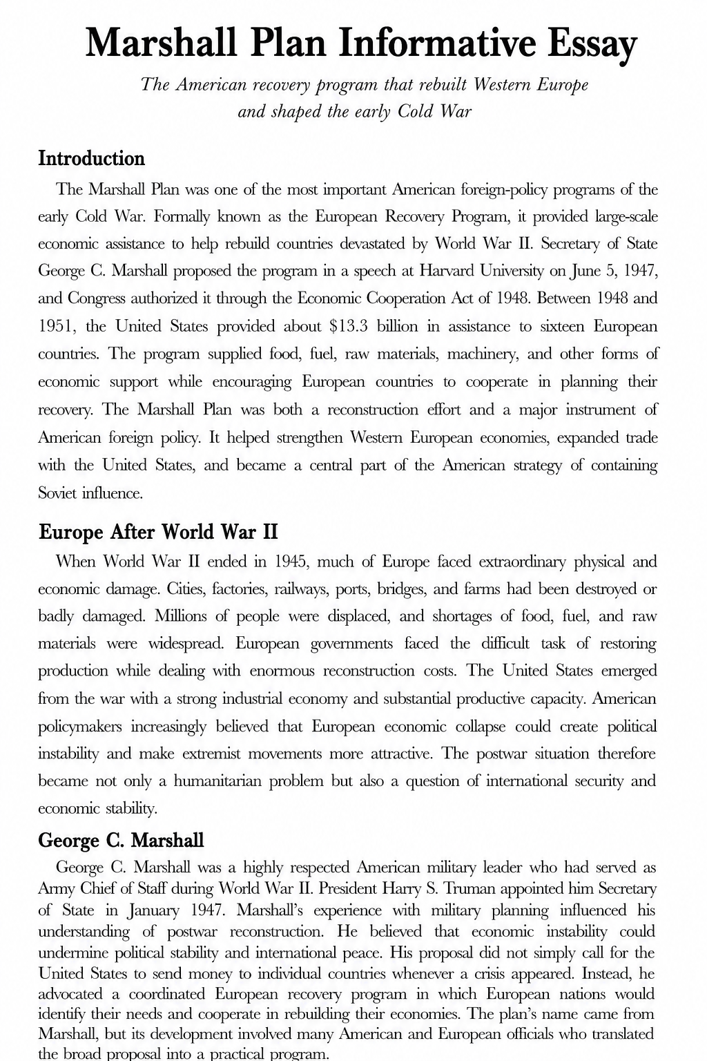 Marshall Plan Informative Essay - Free AI Informative Essay Generator, 50+ Real Informative Essay Examples