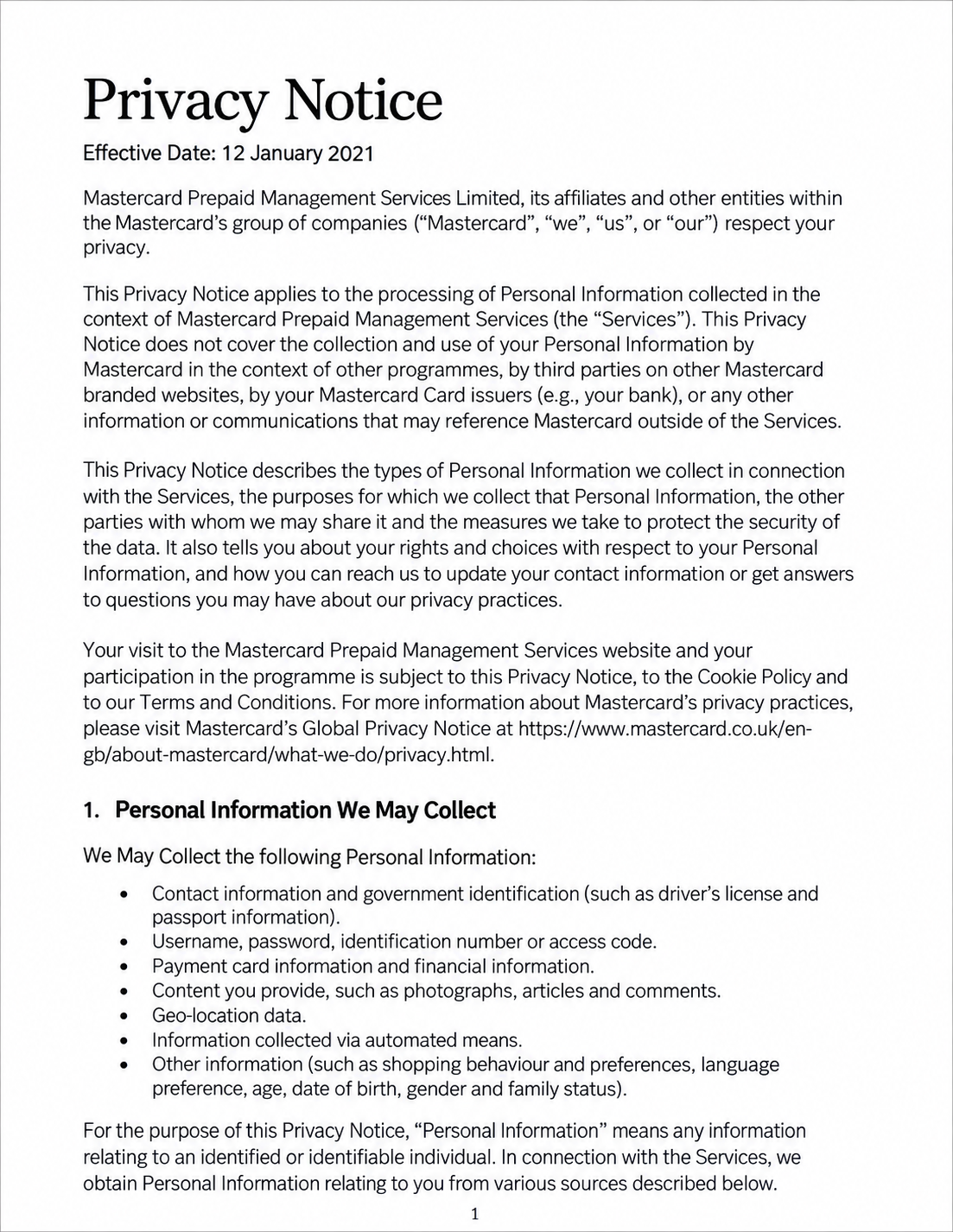 Mastercard Prepaid Management Services Privacy Notice - Free AI Notice Generator, 50+ Real Notice Examples