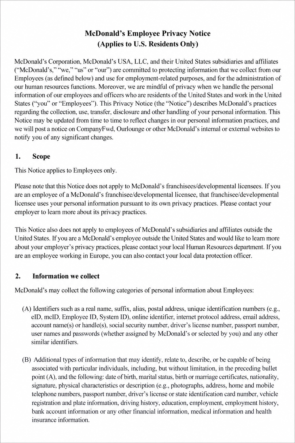 McDonald's Employee Privacy Notice - Free AI Notice Generator, 50+ Real Notice Examples