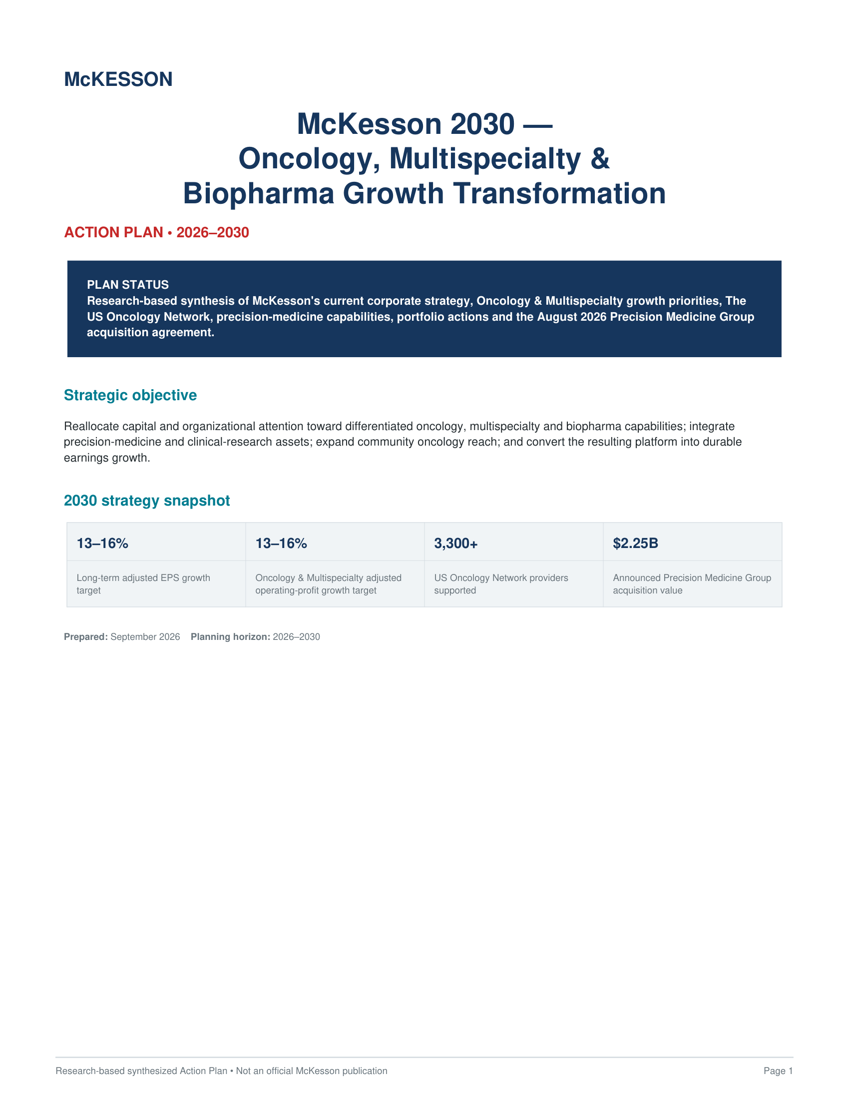 McKesson Oncology, Multispecialty & Biopharma Growth Transformation Action Plan - Free AI Action Plan Generator, 50+ Real Action Plan Examples