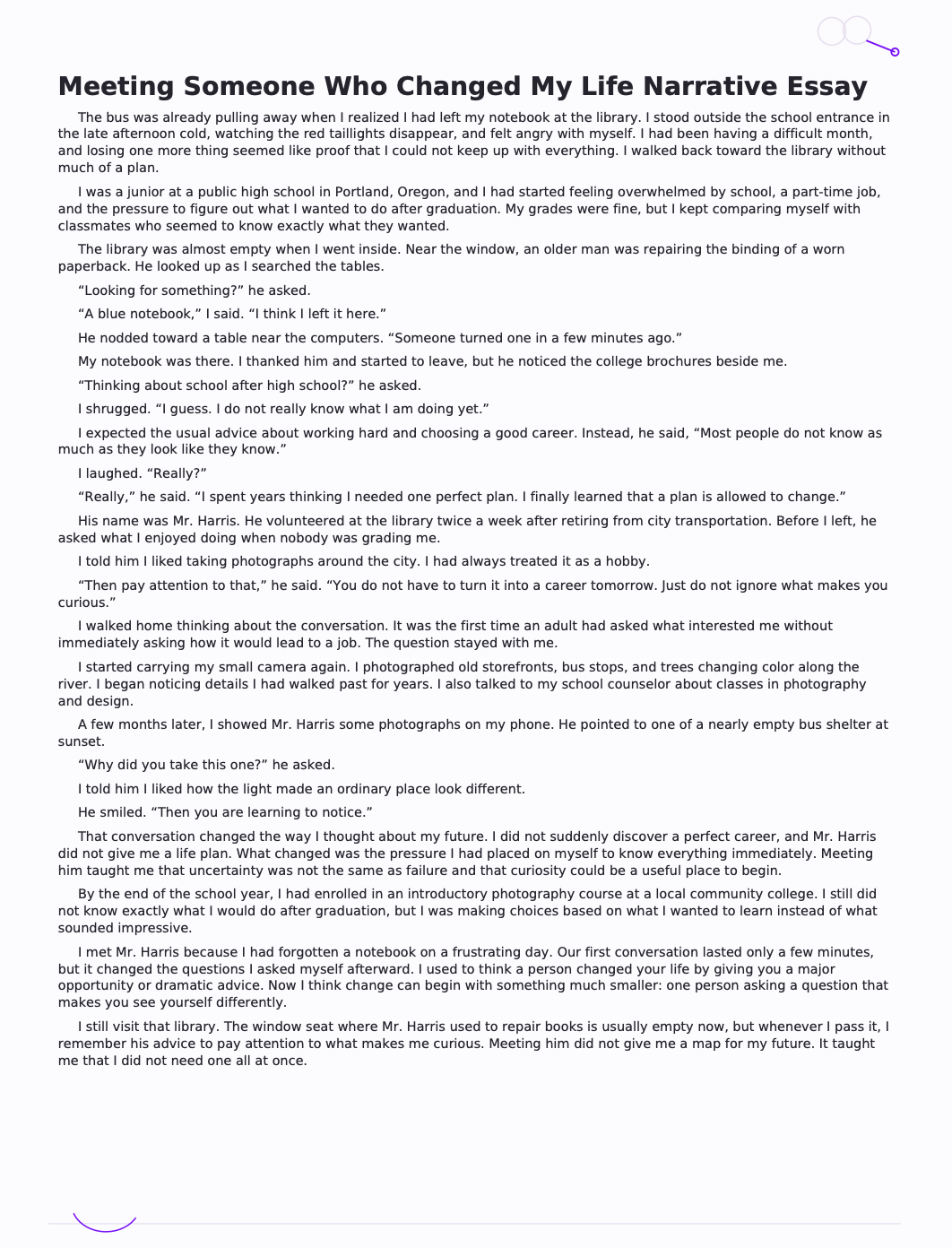 Meeting Someone Who Changed My Life Narrative Essay - Free AI Narrative Essay Generator, 50+ Real Narrative Essay Examples