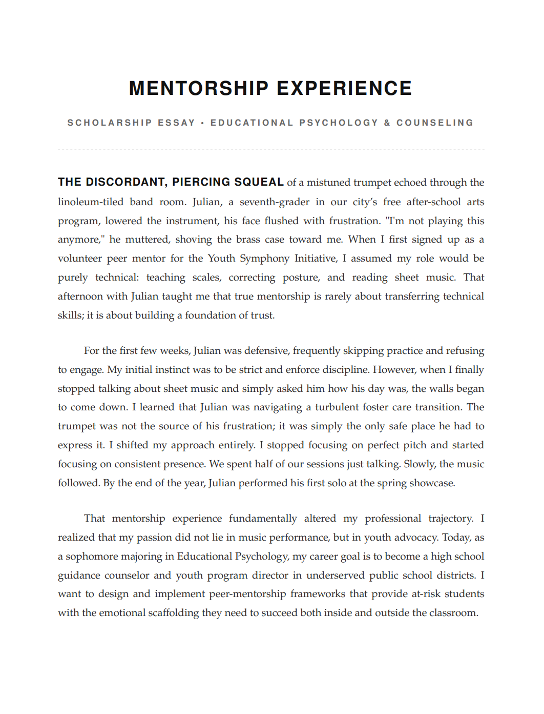 Mentorship Experience Scholarship Essay - Free AI Scholarship Essay Generator, 50+ Real Scholarship Essay Examples