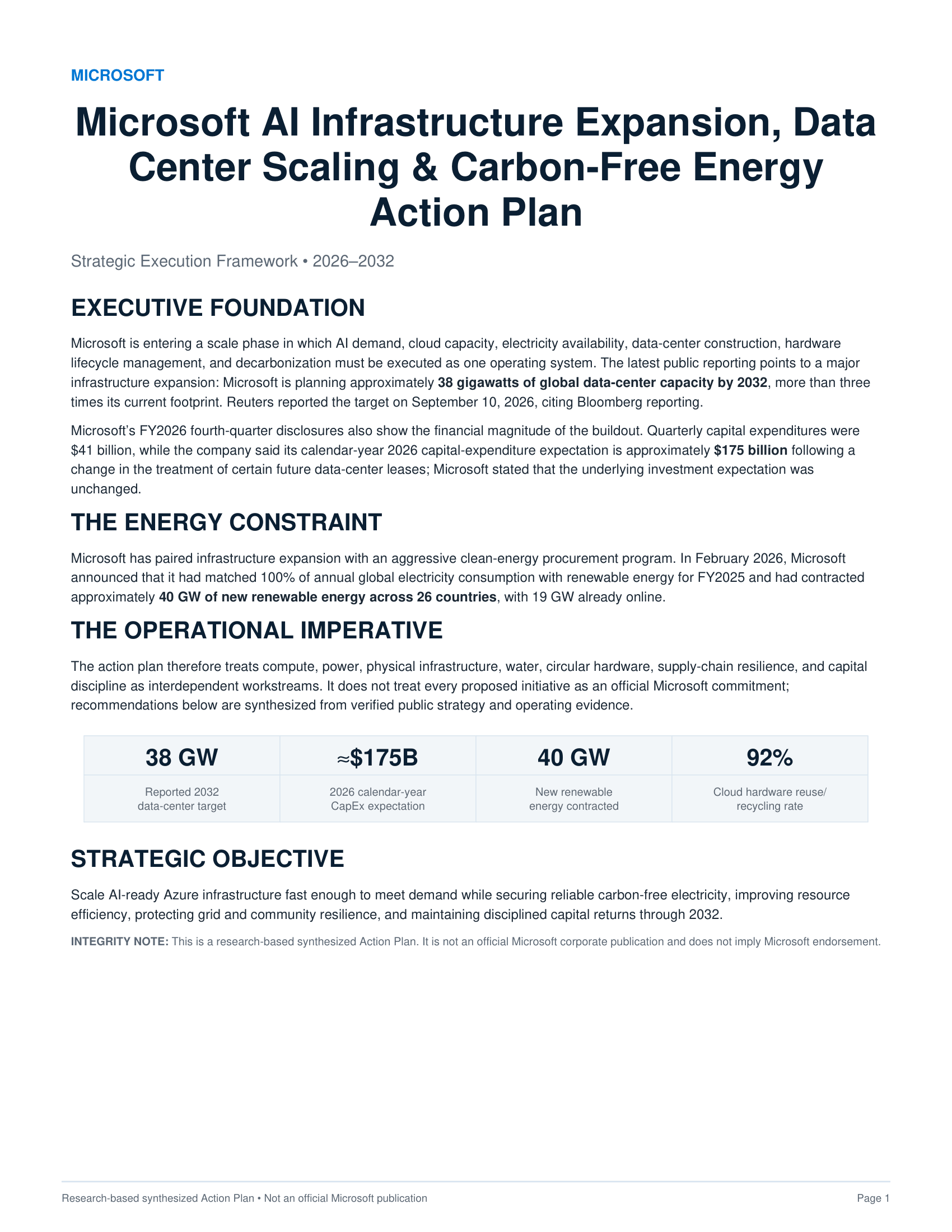 Microsoft AI Infrastructure Expansion, Data Center Scaling & Carbon-Free Energy Action Plan - Free AI Action Plan Generator, 50+ Real Action Plan Examples