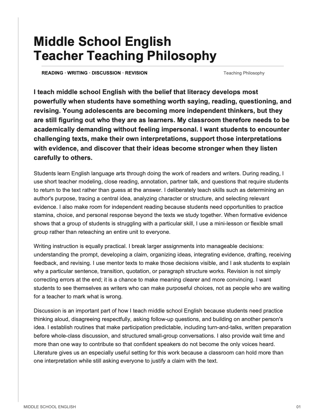Middle School English Teacher Teaching Philosophy - AI Teaching Philosophy Generator, 50+ Real Teaching Philosophy Examples