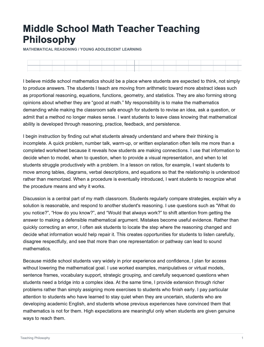 Middle School Math Teacher Teaching Philosophy - AI Teaching Philosophy Generator, 50+ Real Teaching Philosophy Examples