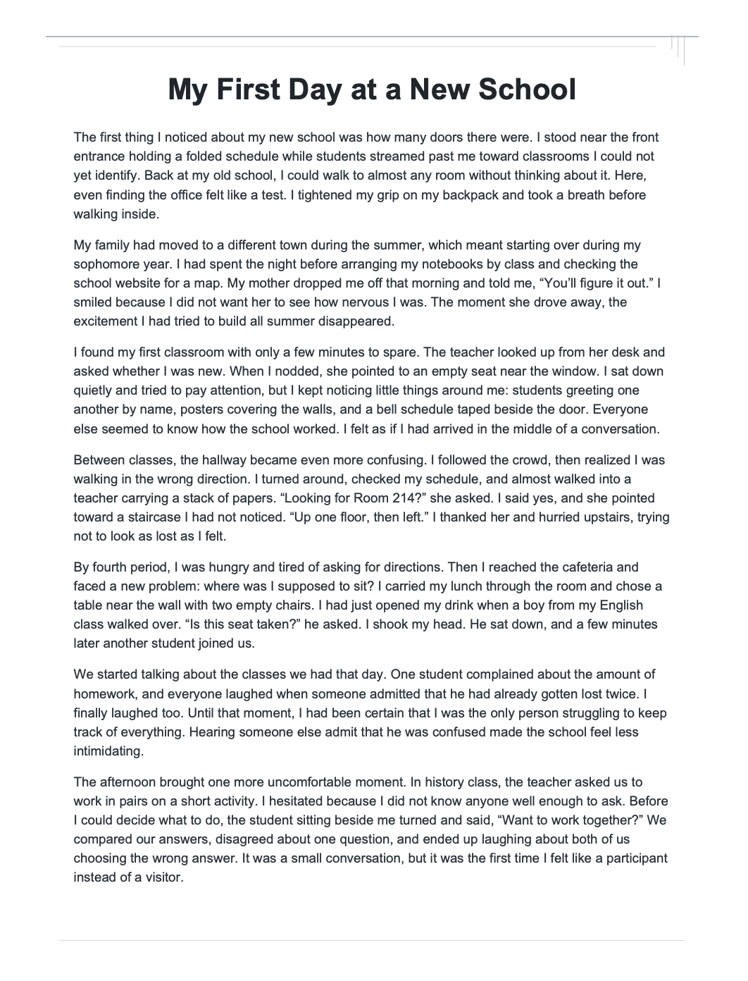 My First Day at a New School Narrative Essay - Free AI Narrative Essay Generator, 50+ Real Narrative Essay Examples